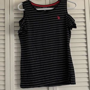 Black and white stripped, shoulder cutout polo
